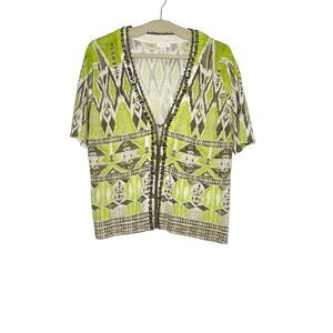 Chicos Top Green Brown Geometric Beaded V-Neck Hook Eye Knit Top Women's Size 2